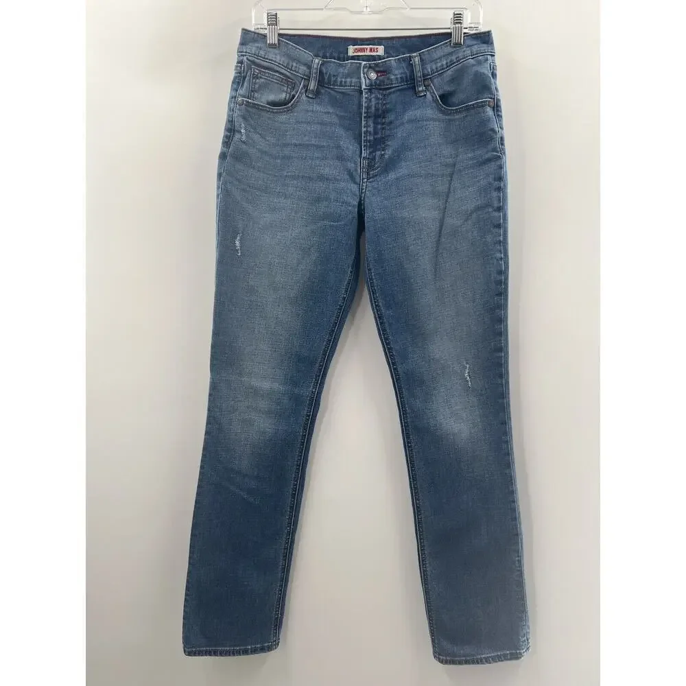 Johnny Was Women’s Medium Wash 5 Pocket Straight Leg Jeans Stretch Size 28